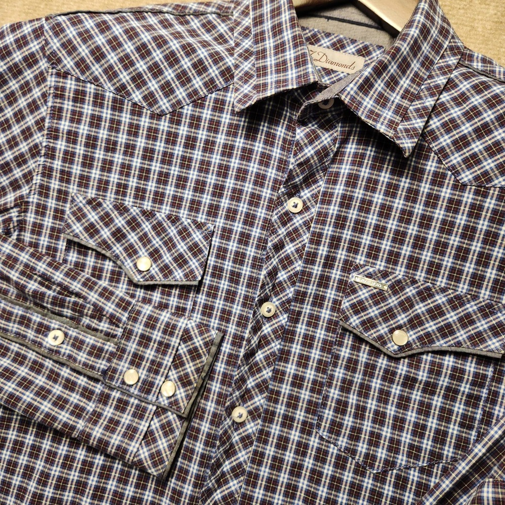 7 Diamonds Button Down Mens L Blue Brown Plaid Western Snap Elbow Patch Long Slv